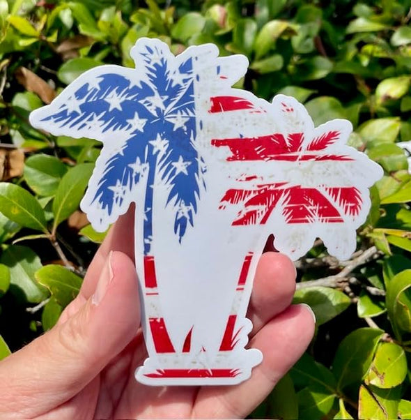 American Flag Palm Trees Vinyl Sticker - Patriotic Palms Decal - Die Cut for Laptops Windows Cars Trucks