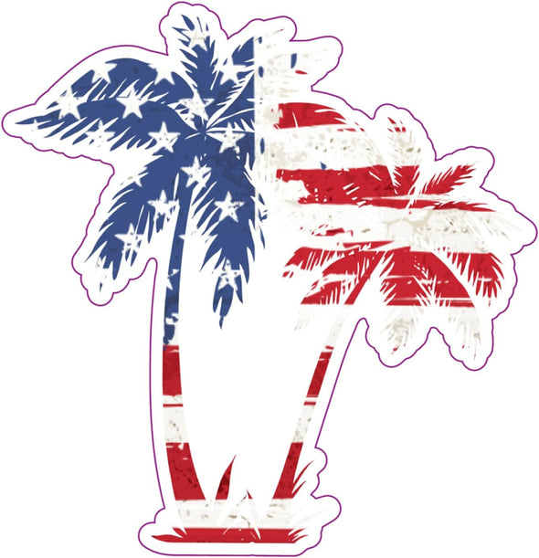 American Flag Palm Trees Vinyl Sticker - Patriotic Palms Decal - Die Cut for Laptops Windows Cars Trucks