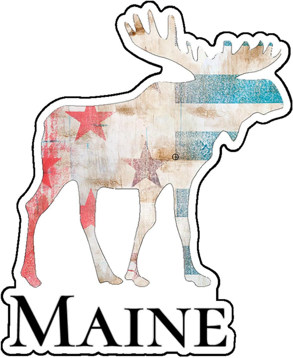 Maine Moose Distressed Flag Vinyl Decal - Maine Bumper Sticker